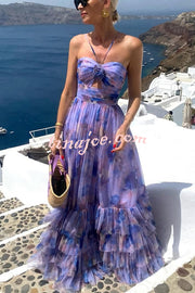 Dreamy Clouds Tulle Printed Rose Detail Cutout Ruffles Tiered Halter Maxi Dress