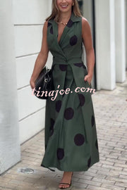 Polka Dot Print Shirt Pocketed Umbrella Maxi Dress