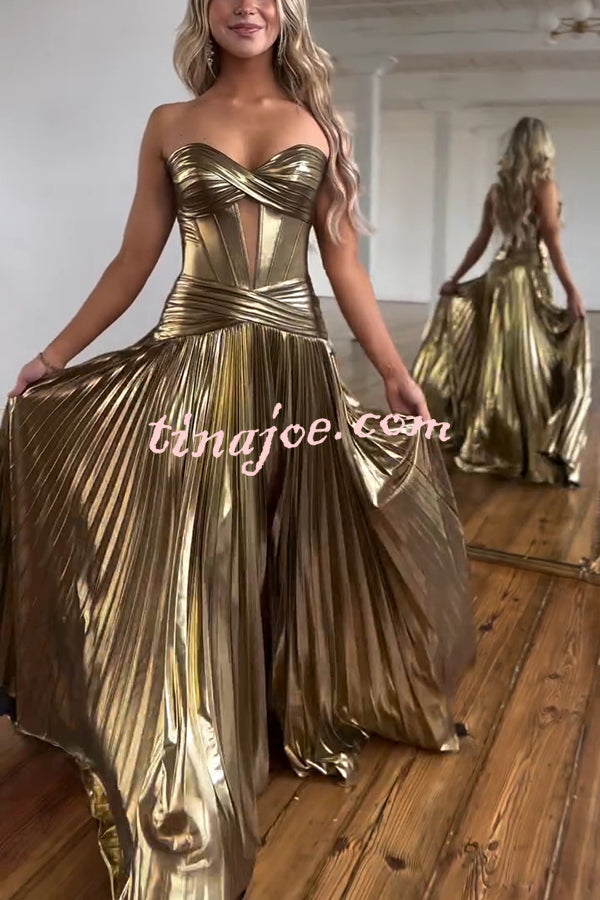 Dazzling Metallic Fabric Cross Strapless Cutout Slit Pleated Maxi Dress