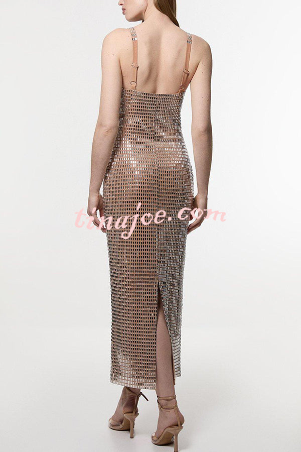 Dazzling Entrance Premium Crystal Embellished Jersey Slit Midi Dress