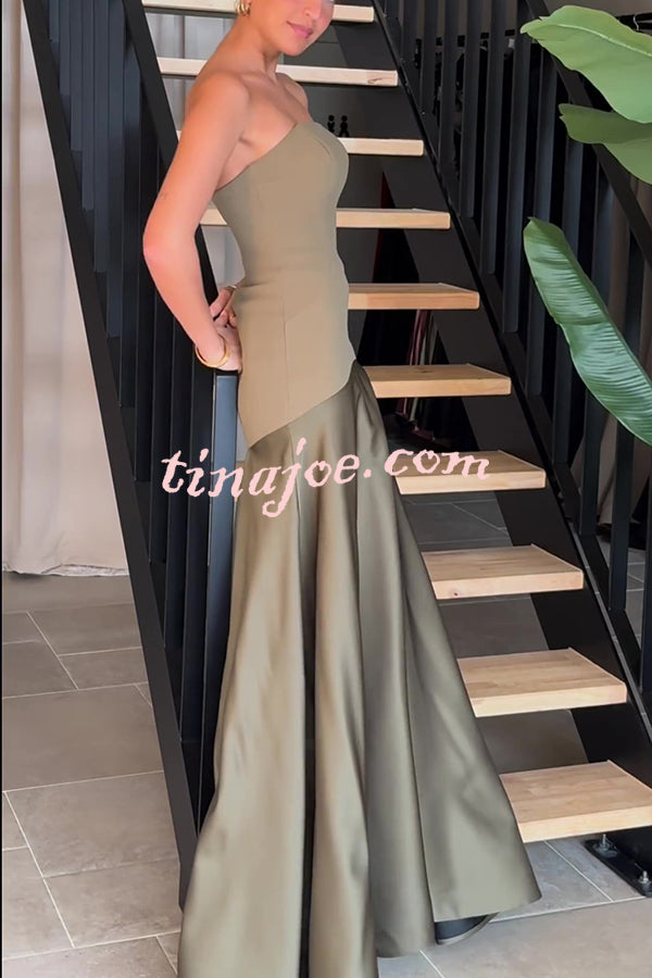 Timeless Elegance Satin Patchwork Strapless Flare Gown Maxi Dress