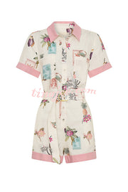 Plant Print Lapel Short Sleeves Loose Pocket Waist Tie Casual Rompers