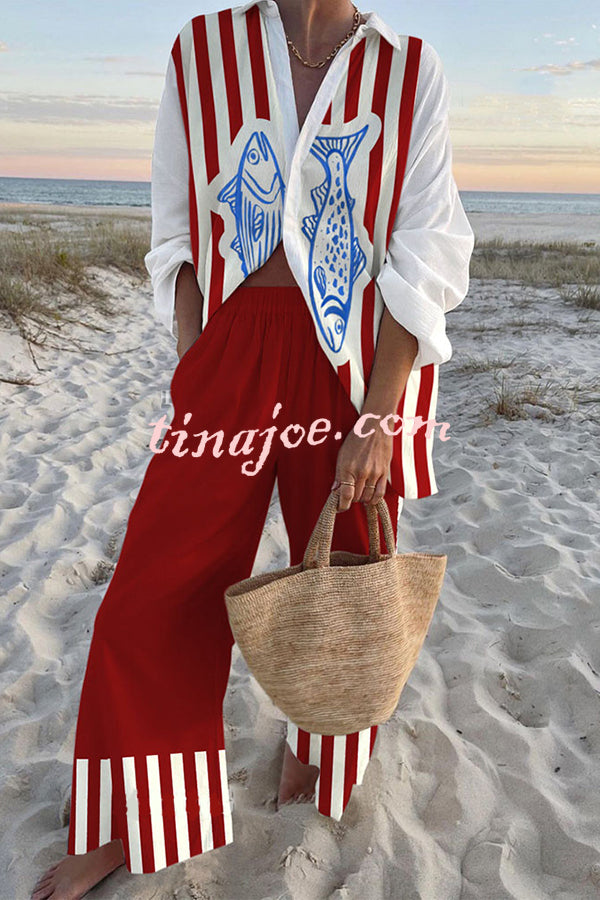 Striped Fish Print Oversized Shirt and Elastic Waist Pocket Pants Set