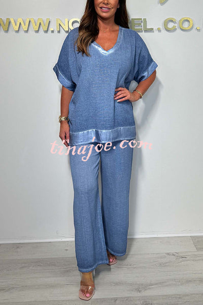Fashionable V-neck Short-sleeved Loose Top and Elastic Waist Casual Wide-leg Pants Set