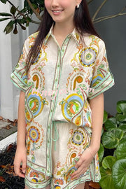 Antibes Unique Printed Loose Button-down Shirt and Pocket Elastic Waist Shorts Set