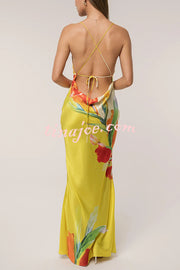 Luisa Satin Floral Print Cowl Neck Sexy Open Back Tie-up Maxi Dress