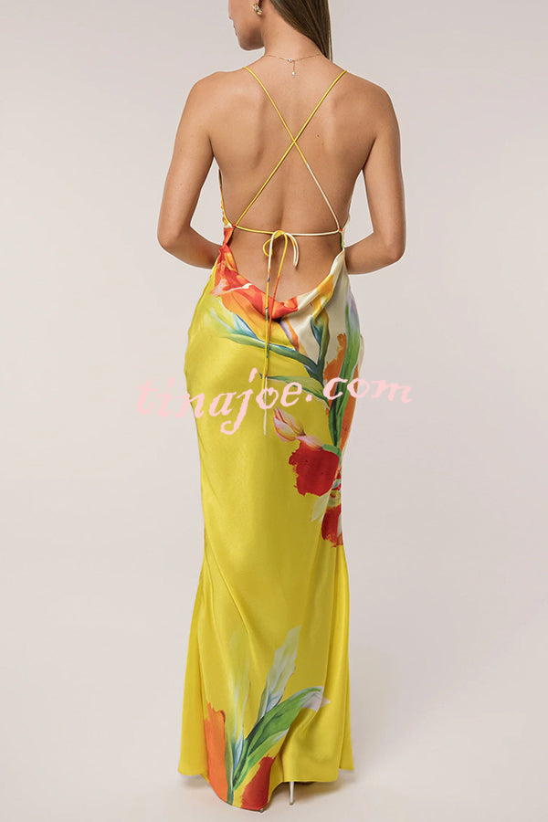 Luisa Satin Floral Print Cowl Neck Sexy Open Back Tie-up Maxi Dress