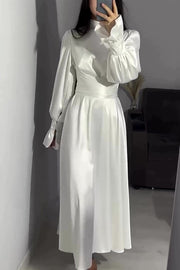 Solid Color Ruffled Sleeves Waisted Tie Slim Fit Maxi Dress