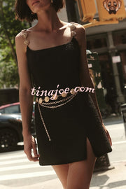 Timeless Exquisite Tweed Fabric Metal Coin Chain Detail Slip Mini Dress