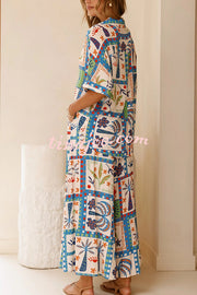 Unique Print Lapel Short Sleeve Loose Shirt and Elastic Waist Casual Pocket Wide Leg Pants Set
