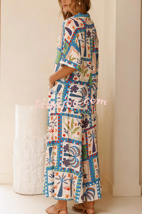 Unique Print Lapel Short Sleeve Loose Shirt and Elastic Waist Casual Pocket Wide Leg Pants Set