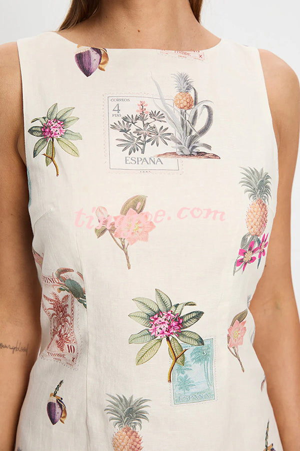 Botanical Print Sleeveless Open Back Casual Mini Dress