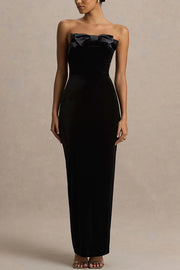 Illusion Velvet Bandeau neck Bow detail Stretch Maxi Dress