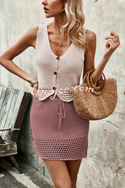 Knitted Vest V-neck Top and Lace-up Hollow Skirt Set