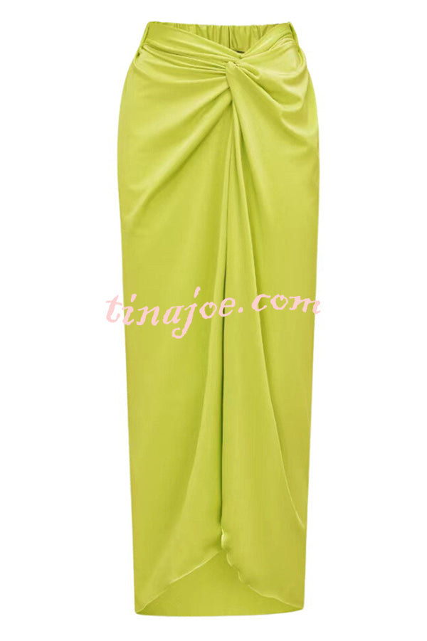 Solid Color Elastic Waist High Slit Loose Holiday Midi Skirt