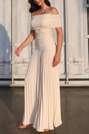 Sexy Off-shoulder Slim Fit Pleated Maxi Dress