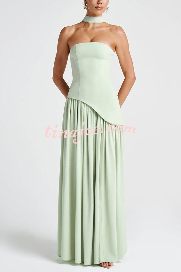 Elegant Off Shopulder Chiffon Pleated Hem Scarf Slit Maxi Dress