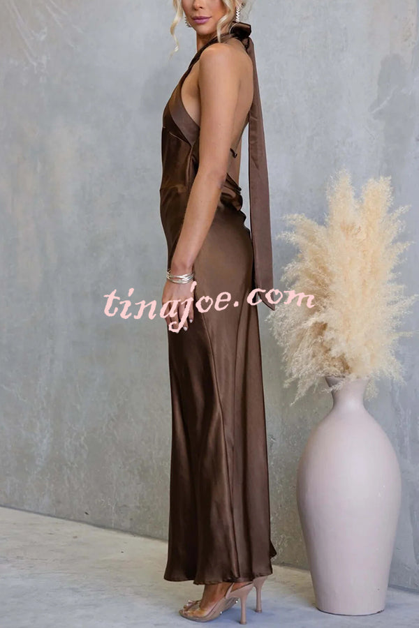 Satin Fashion Halter Backless Slim Elegant Maxi Dress
