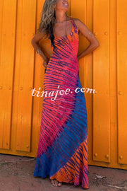 La Bamba Tie-dye Print Back Lace-up Stretch Maxi Dress