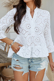 Solid Color Casual Resort Style Hollow V-neck Shirt