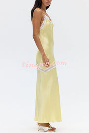 Sweet Trend Satin Lace Trim V-neck Slit Slip Maxi Dress