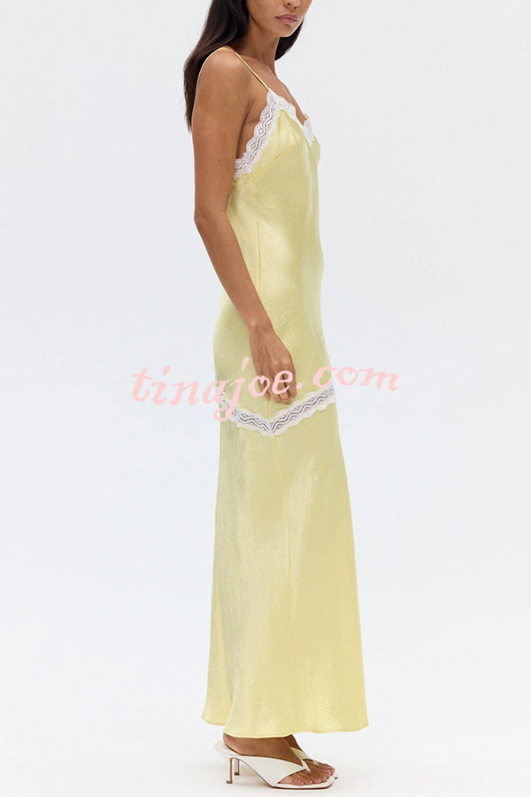 Sweet Trend Satin Lace Trim V-neck Slit Slip Maxi Dress