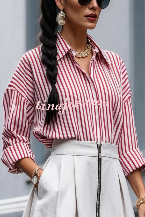 Effortless Charm Printed Button Down Long Sleeve Relaxed Blouse