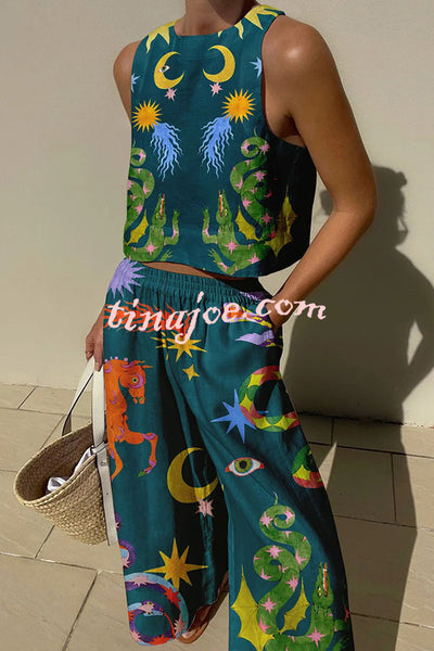 Island Dreaming Linen Blend Unique Print Tank and Elastic Waist Pocketed Pants Set