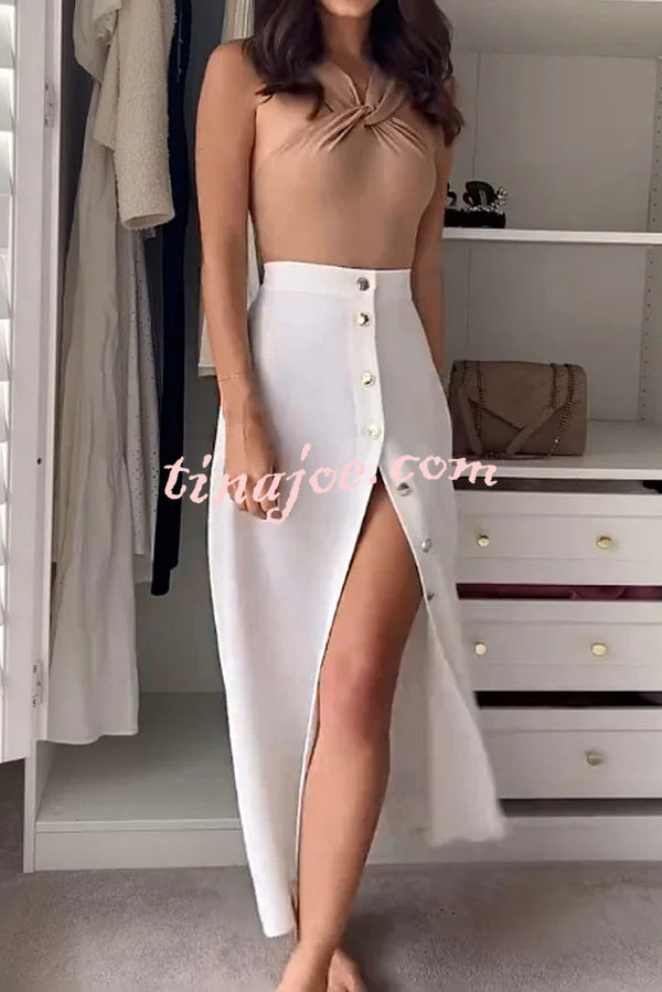 Stylish Sleeveless Stretch Fit Top and Relaxed Buttoned Slit Maxi Skirt Set