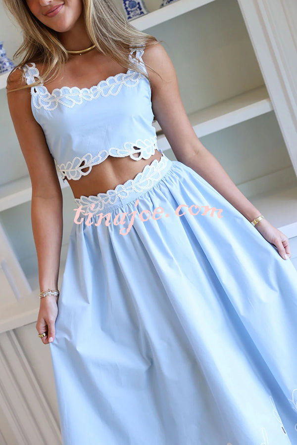 Perfect Vacation Embroidered Trim Crop Tank and Elastic Waist A-line Maxi Skirt Set