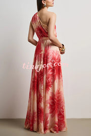 Floral Print One Shoulder Waist Tie Full Hem Resort Style Maxi Dress
