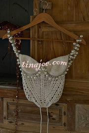 Mirina Hollow Crochet Knit Pearl Trim Heart Collar Crop Vacation Tank