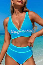 Solid Color Contrast High Waist Stretch Bikini Swimsuit