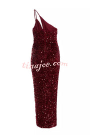 Glam Day Velvet Sequin One Shoulder Cutout Detail Slit Stretch Maxi Dress