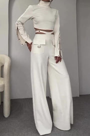 Leia High Neck Button Bell Sleeve Top and Cutout Waist Metal Pocketed Flare Pants Set