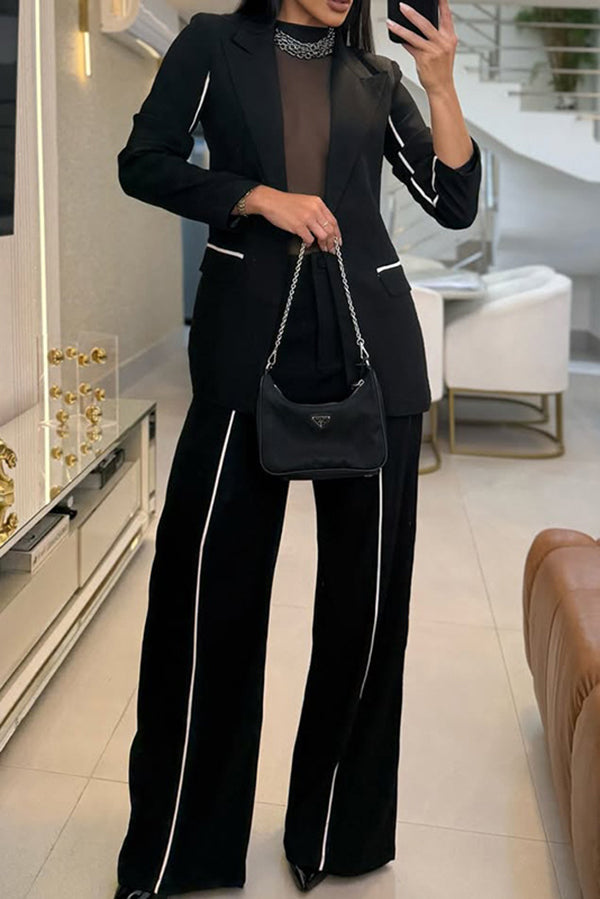 Solid Color Lapel Long-sleeved Blazer and Casual Straight-leg Pants Set