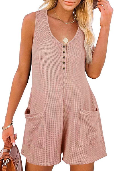 Summer Camping Waffle Fabric Button Up Pocketed Loose Romper