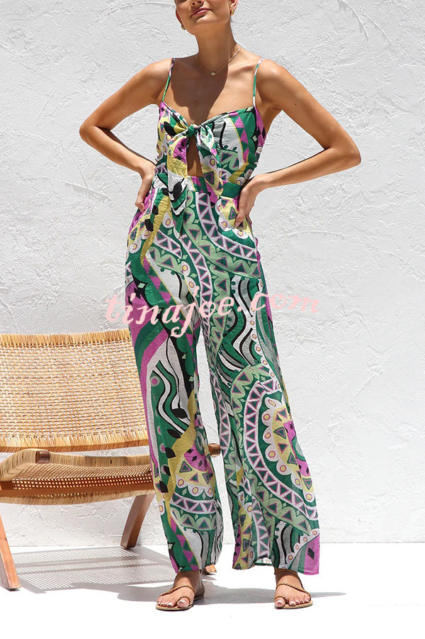 Unique Printed Suspender Back Pleated Pocket Wide-leg Jumpsuit