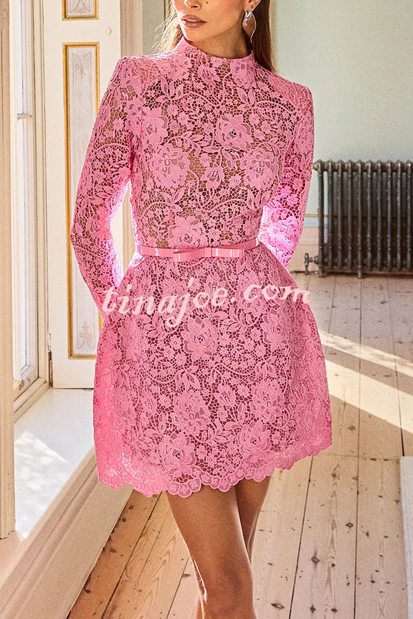 Champagne Toast Flower Lace Long Sleeve Bow Belted Mini Dress
