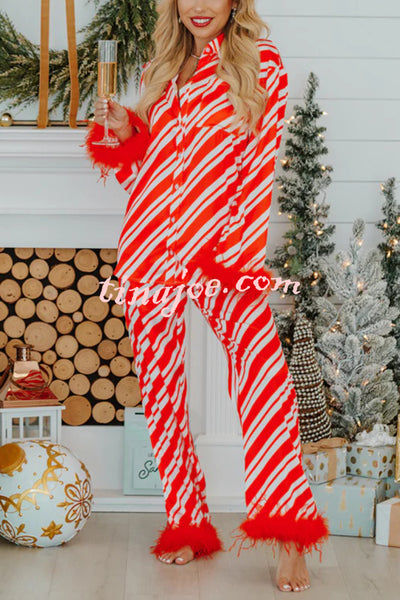 Christmas Party Striped Print Pocket Feather Elastic Waist Pajama Set