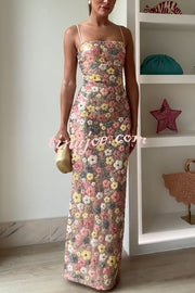 80's Inspired Floral Print Sequin Square Neck Slip Stretch Maxi Dress