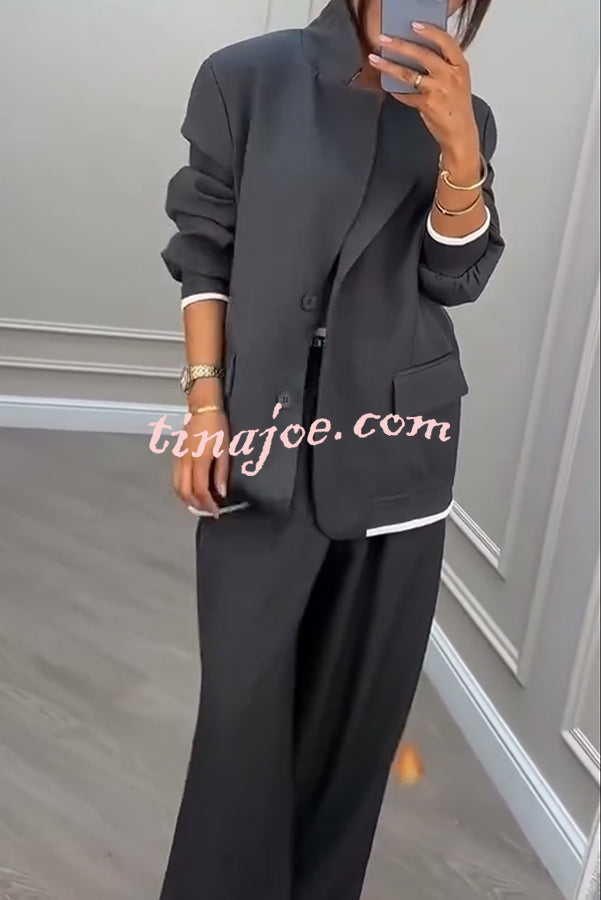 Fashion Sports Style Ribbed Colorblock Lapel Blazer and Elastic Waist Pocket Loose Pants Set