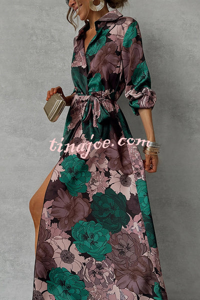 Floral Print Lapel Waisted Lace-up Long-sleeve Maxi Dress