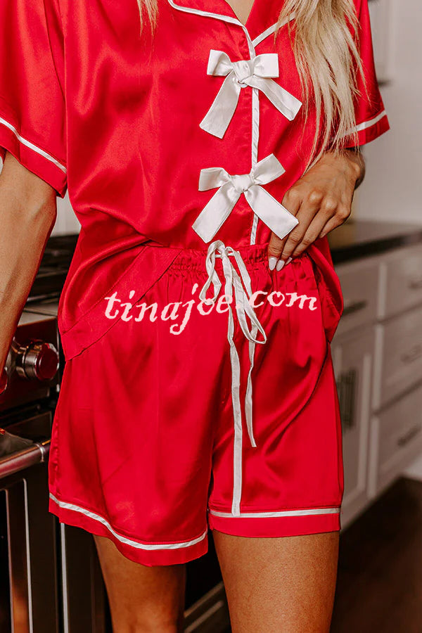 Sweet Dreams Satin Bow Detail Elastic Waist Pajama Shorts Set