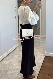 Lainei Contrast Color Satin Lace Trim V-neck Long Sleeve Maxi Dress