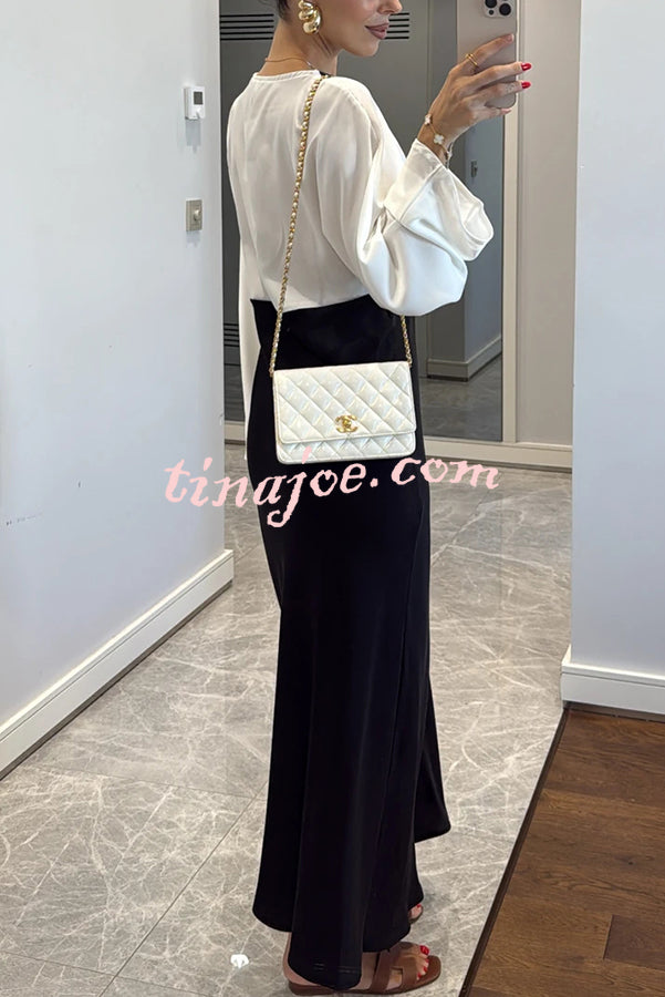 Lainei Contrast Color Satin Lace Trim V-neck Long Sleeve Maxi Dress