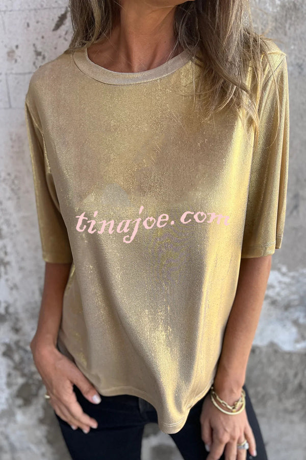 Metallic Solid Color Round Neck Short-sleeved Loose T-shirt