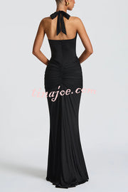 Solid Color Elegant Halterneck V-neck Open Back Tie Gathered Maxi Dress