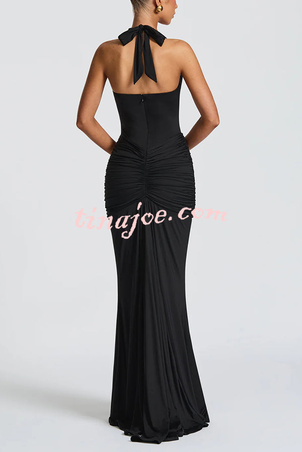 Solid Color Elegant Halterneck V-neck Open Back Tie Gathered Maxi Dress