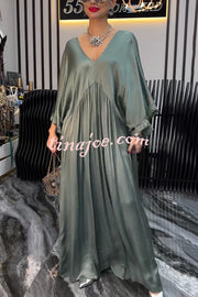 Satin Solid Color V-neck Lotus Leaf Sleeve Loose Pleated Maxi Dress
